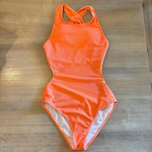 Bright Orange Ribbed Cross Back One-Piece Swimsuit, XL